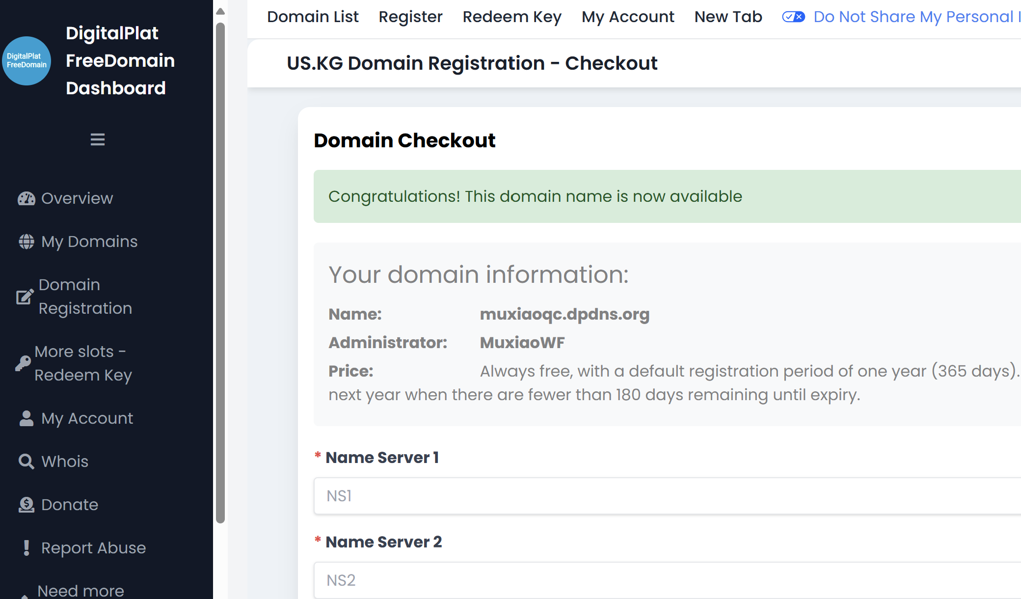 需要填入Name Server